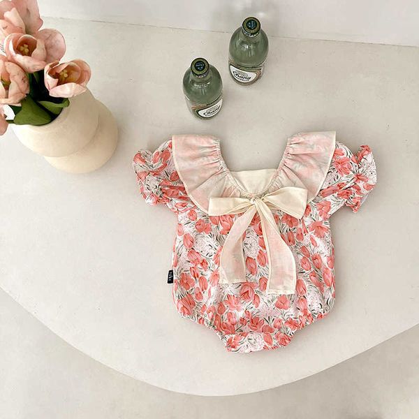 

rompers 2022 newborn baby girl fashion retro flower puff pastry sleeves bodysuit sweet bow thin outdoor clothes cute girls cotton jumpsuit j, Blue