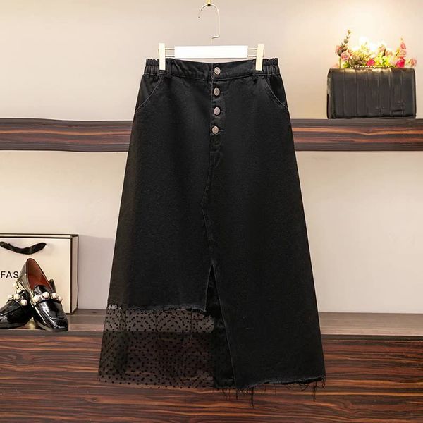 

plus size dresses 150kg plus size women's summer slit mesh denim skirt loose high waist irregular aline skirt black hip 153 5xl 6xl 7xl