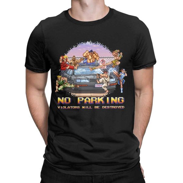 

men's t-shirts casual street fighter no parking violators will be destroyed round collar cotton t shirt for men short sleeve plus size, White;black