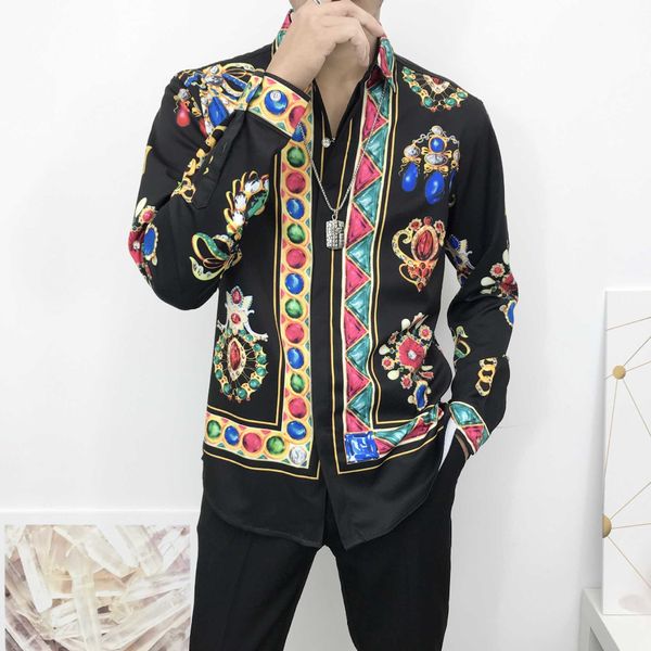 

men's casual shirts luxury glod jewelry printed shirt men 2020 autumn long sleeve loose fit shirt fashion color bead personalized party, White;black