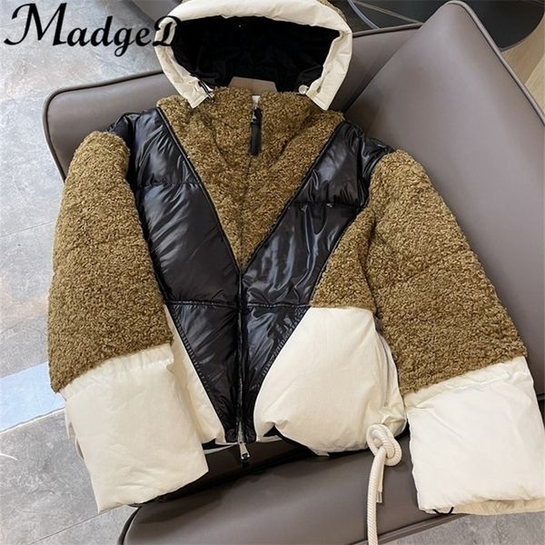 

womens down parkas 921 madgedtti drawstring hooded lamb wool pachwork color warm thick down coat women 220930, Black