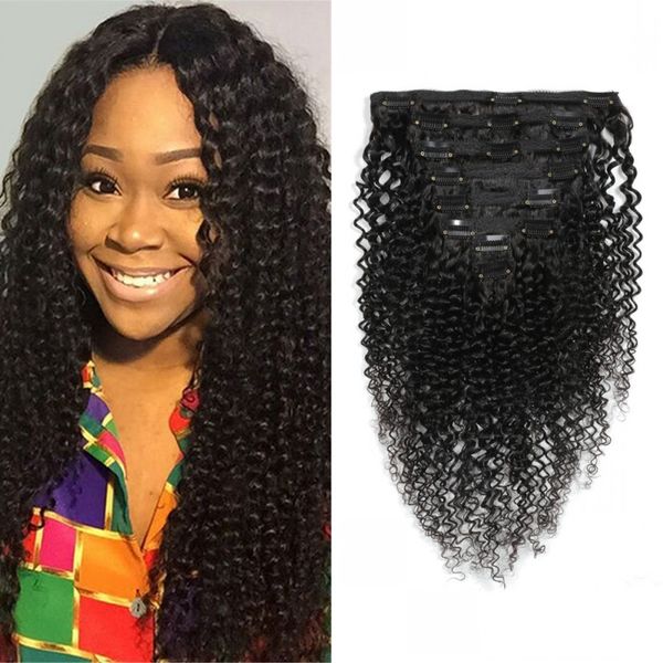 

indian clip in human hair extensions kinky curly bundles 8 pieces/set 120g natural color remy hair, Black;brown