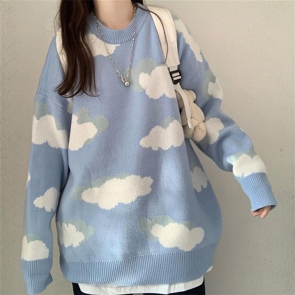 

women's sweaters deeptown kawaii cartoon cloud print knitted sweater women korean style harajuku blue long sleeve oversize jumper femal, White;black
