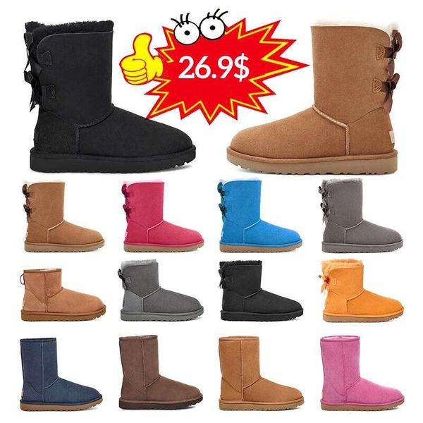 

2023 designer boots women winter booties girl classic snow boot plush ankle short bow mini fur black chestnut pink bowtie womens shoes size