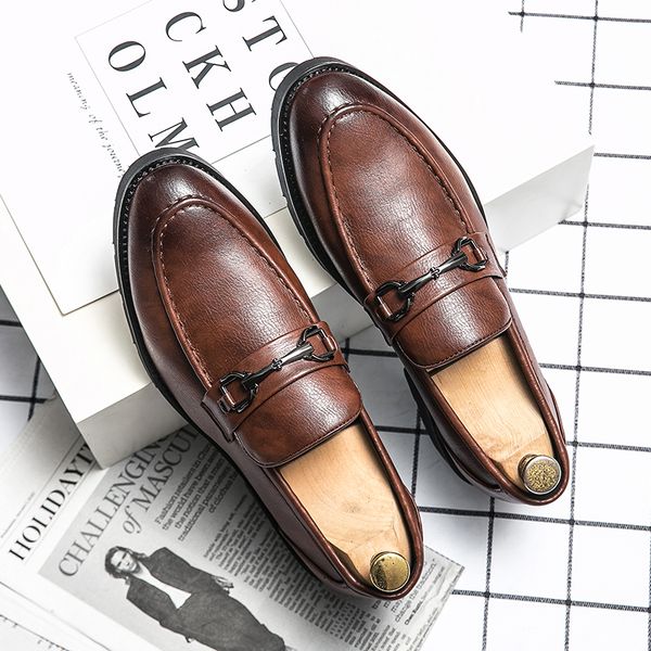 

vegan brogue leather oxford shoes pointed toe one stirrup vintage luxury metal buckle men's fashion formal casual shoes business shoes, Black