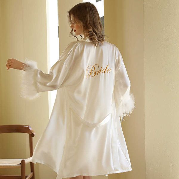 

women's sleepwear new bride bridesmaid wedding robe dressing gown women's feather trim bathrobe kimono casual sleepwear loose shor, Black;red