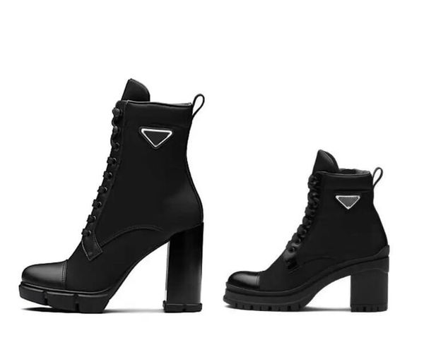 

2022 luxury designer woman fashion boots leather and nylon fabric booties women ankle biker australia platform heels winter sneakers boots, Black