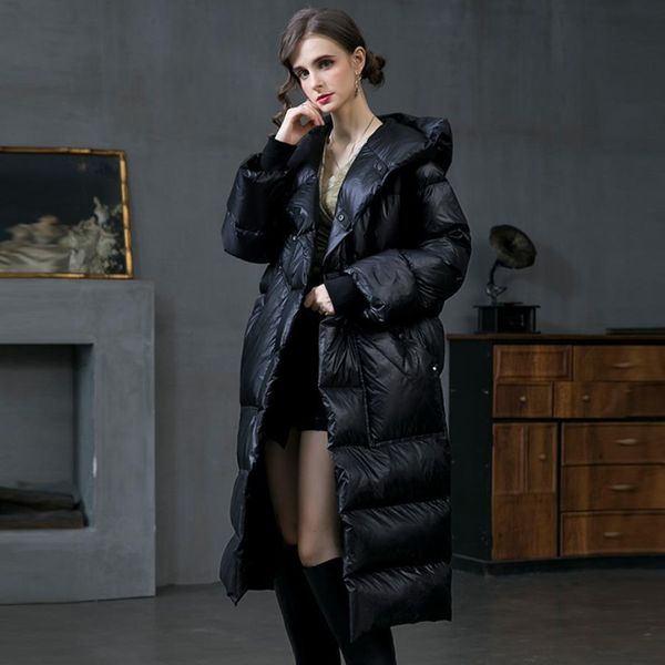 

women's down parkas winter women's oversized longer hooded down coats thicker warm fluffy down coat female winter bread style park, Black