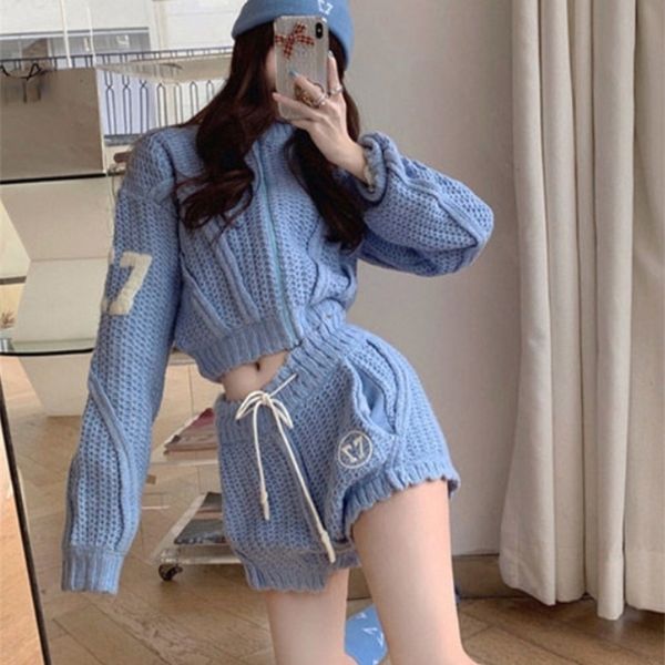 

women's sweaters kosahiki y2k two pieces sets women blue knitted cropped cardigan high waist shorts korean streetwear spring autumn out, White;black