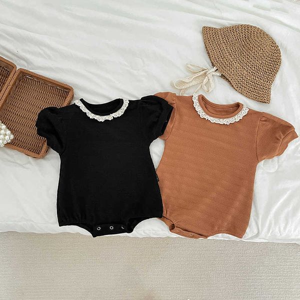 

rompers baby girl fashion edges collar short sleeve jumpsuit summer thin simple solid cotton bodysuit one piece girls outfits j220922, Blue