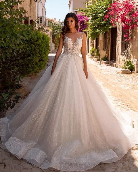 

modern beach boho a-line wedding dress 2023 sheer back lace appliques o-neck sleeveless country long tulle plus size ivory bridal gowns robe, White