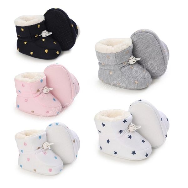 

newborn baby crawling trainers shoes booties winter snow boots plush thick warm ankle strap love heart embroidery first walker, Black;grey