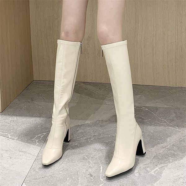 

boots rimocy women pointed toe high heels long spring shoes woman knee-high booties side zipper pu leather botas female 221006, Black