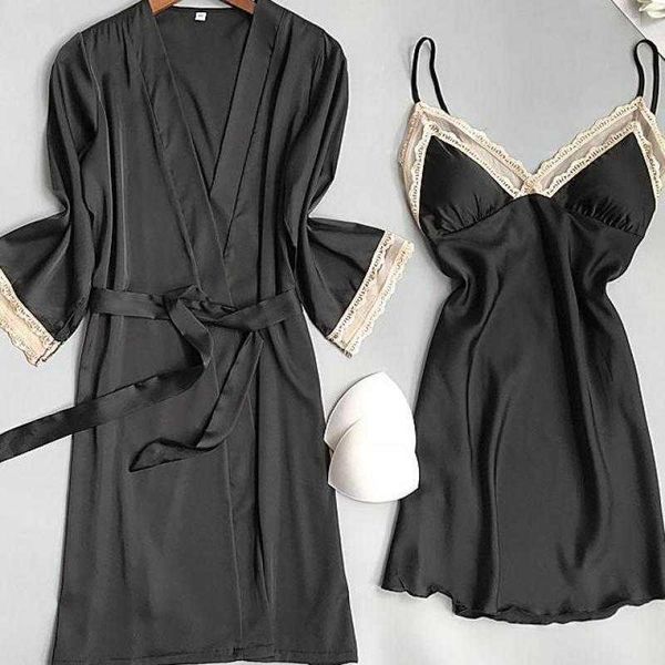 

women's sleepwear lace trim bridal wedding robe set women's 2021 new 2pcs suspender nightdress bathrobe suit spring autumn kimono, Black;red
