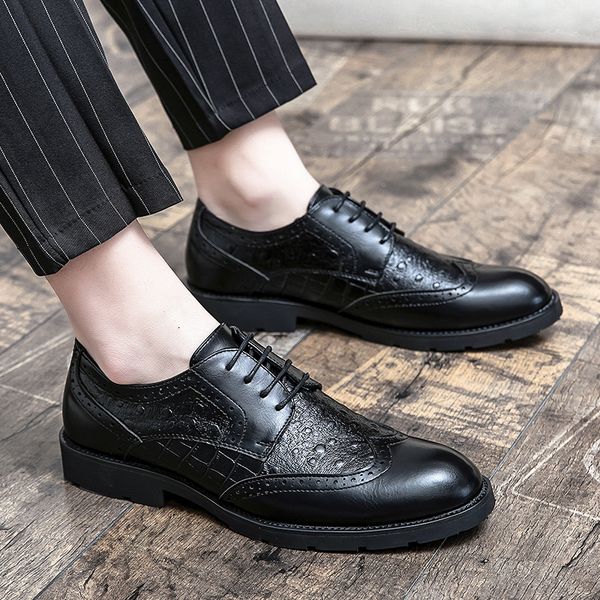 

carved brogue leather oxford shoes pointed toe lace up vintage luxury men's fashion formal casual shoes business shoes various size 38-, Black