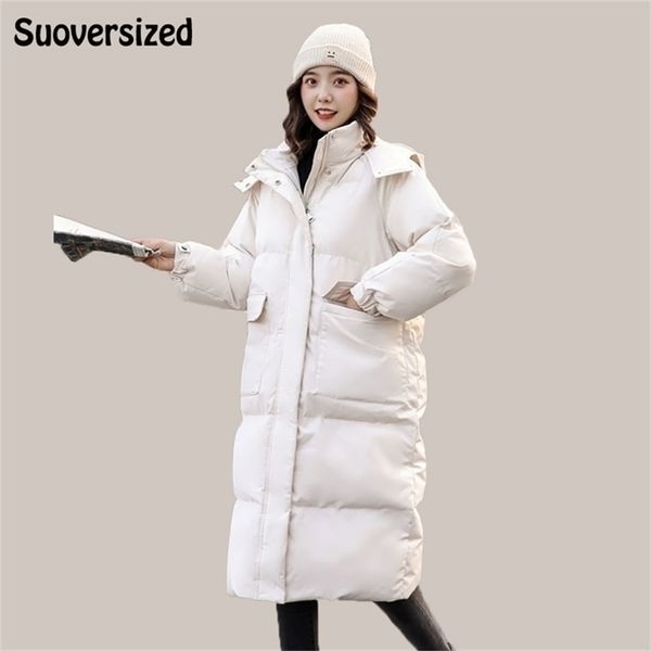 

womens down parkas loose hooded thicken long parkas streetwear cotton padded warm windproof winter coat white snow wear women jacket outwear, Black