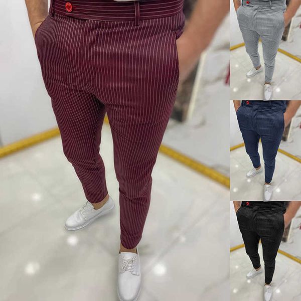 

men's pants 2021 spring autumn mid waist skinny long business casual slim trousers fashion striped printing pencil for men g220929, Black
