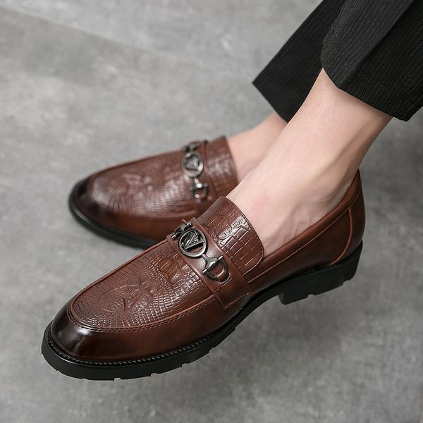 

carved brogue leather oxford shoes pointed toe one stirrup retro luxury metal buckle men's fashion formal casual shoes business shoes m, Black