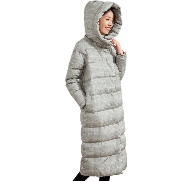 

women's down parkas winter long plaid thicker warm down coat female over the knee hooded single breasted with zipper fluffy warm down c, Black