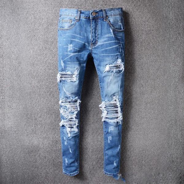 

fashion-for men ripped holes jeans motorcycle biker denim pants men brand fashion designer hip hop mens jeans333f, Blue