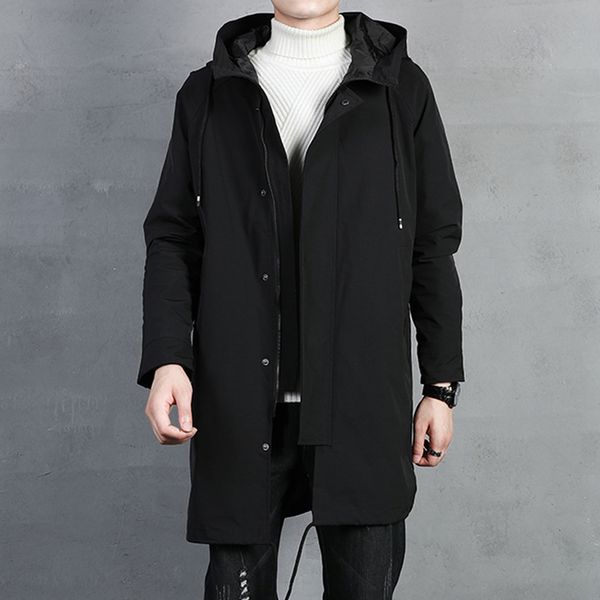 

men trench coat with hood black hooded windbreaker long coat autumn ourdoor jacket punk style street trend, Tan;black