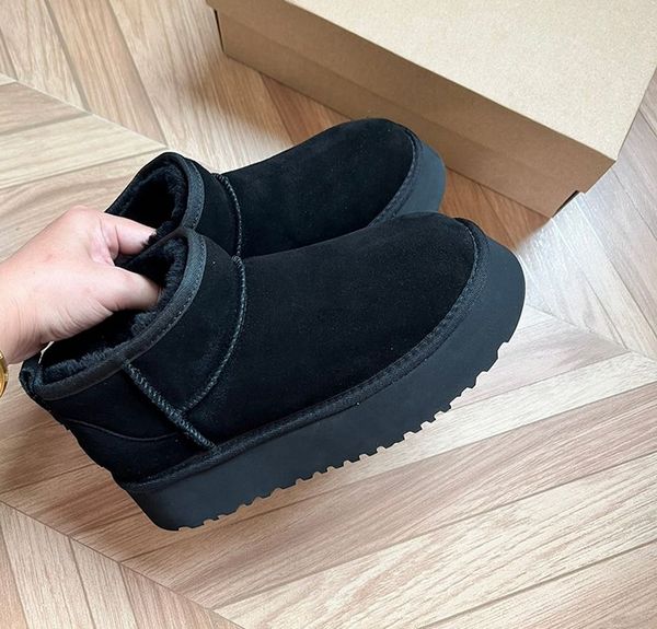 

ultra mini boots winter boot platform designer ankle snow fur boot brown australia warm booties for woman real leather eu35-44, Black