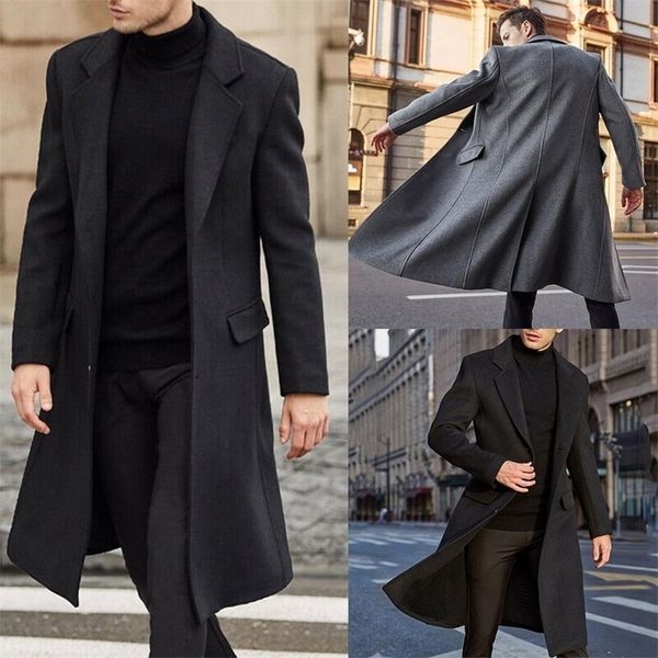 

men's wool blends spring autumn winter men coats woolen solid long sleeve jackets fleece men overcoats streetwear long trench outerwear, Black