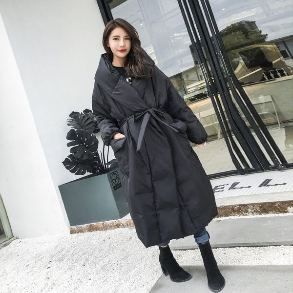

women's down parkas 7xl fashion coats winter super long fuffy down coat female fashion oversized hooded with belt was thin warm down co, Black