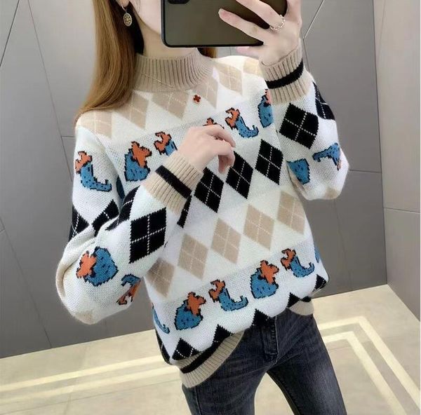 

women's sweaters luxury for pink black print pullover half-high-neck mid-length jumpers female knitwear puff dress top, White;black