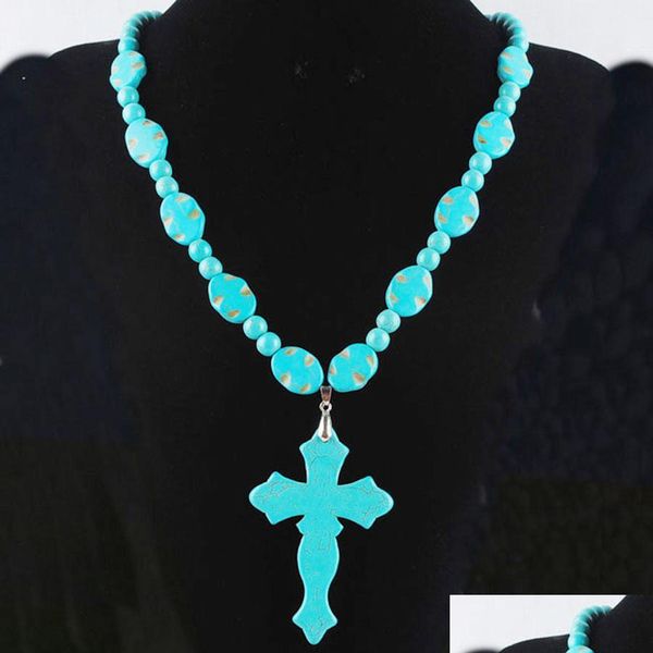 

beaded necklaces vintage blue turquoise cross beads dangle pendant necklace strand 21 inches men women boho charm jewelry bdejewelry dhgg3, Silver