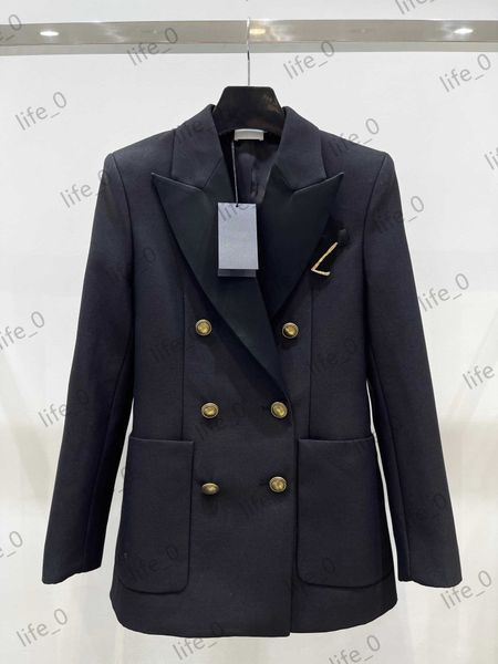 

brand women jackets casual suit jacket lapel lettering logo gold thread embroidery coats double button medium length outerwear fashion wome, Black;brown