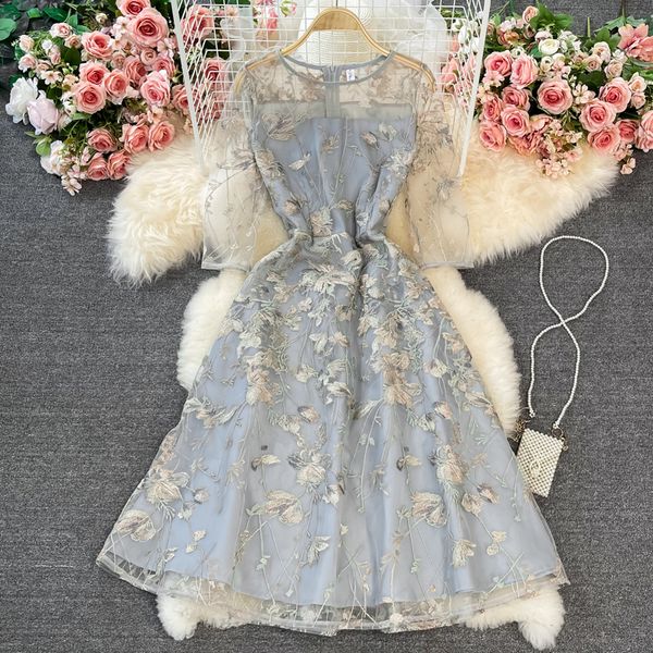 

banquet dress super fairy french sweet mesh new temperament waist slim dress, Black;gray