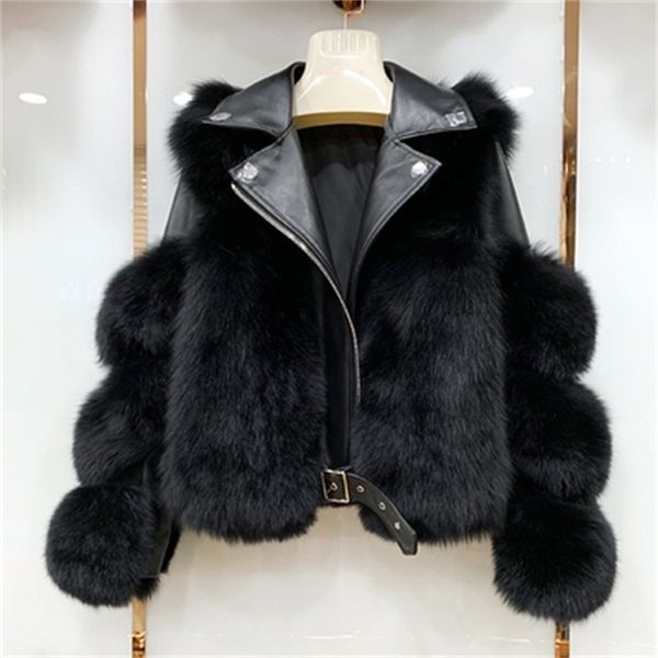 

womens fur faux real coats with genuine sheepskin leather wholeskin natural jacket outwear luxury women winter 220930, Black