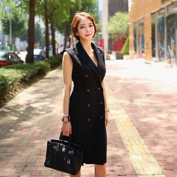 

work dresses women's summer mujer product professional temperament suit collar doublebreasted slim sleeveless pleated vestidos dress 22, White;black