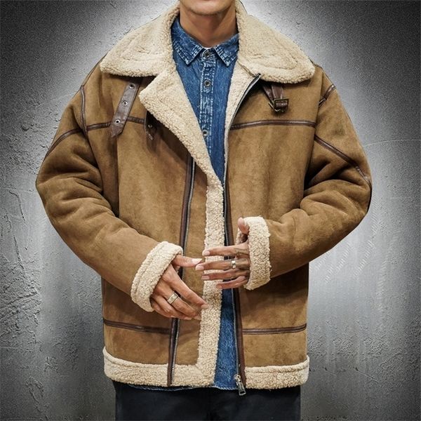 

mens down parkas sherpa jacket men turndown collar men fur lined korean fashion loose fit winter jackets high street clothes trends 2201006, Black