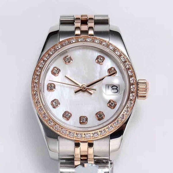 

r olex family taste fashion womens mechanical watch five bead steel belt ceramic face diamond ring 28mm, Slivery;brown