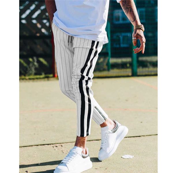 

men's pants fashion men england style striped male new long pencil joggers casual trousers drawstring side stripe slacks 2019 g220929, Black