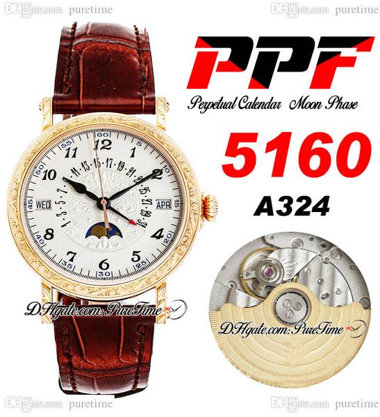 

ppf perpetual calendar 5960r a324 automatic mens watch moon phase 38 rose gold engrave silver flower totem dial blue roman brown leather sup, Slivery;brown