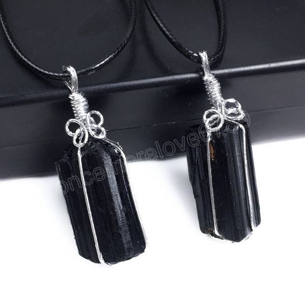

healing mineral natural black tourmaline necklace hand wrapped irregular quartz pendant necklace women male, Silver