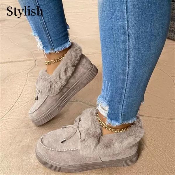 

snow boots flats shoes women platform solid femme short plush bottes casual ladies winter warm 2021 bowknot plus size, Black