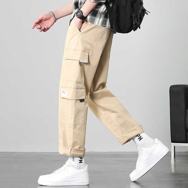 

men's pants brand cargo men spring leisure bunched korean hong kong style straight leg loose nine cent male overalls khaki g220929, Black