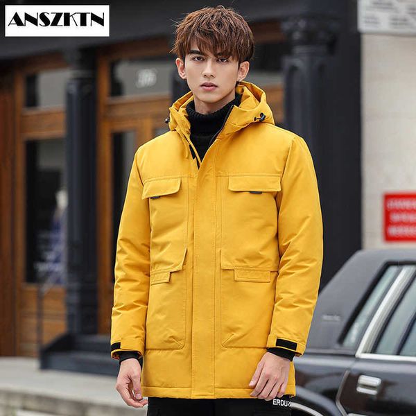 

men's down parkas anszktn new arrivals white duck hooded male jackets long sleeve warm coat water-resistant packable puffer jacket g220, Black