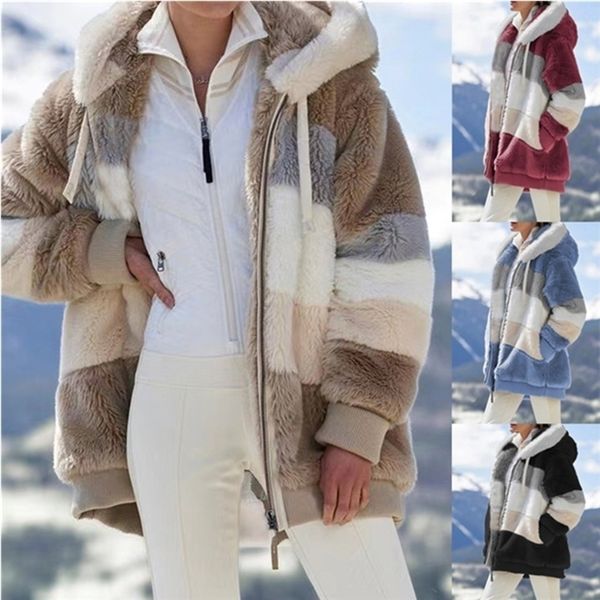 

women's knits tees women fall winter warm plush hooded coat contrast color long sleeve zip up thick cardigan jacket e-girls streetwear, White