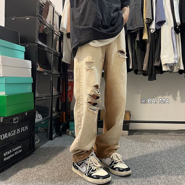 

men s jeans light brown gradient summer straight hole ripped oversize 2xl high street leisure denim trousers all match fashions 221006, Blue