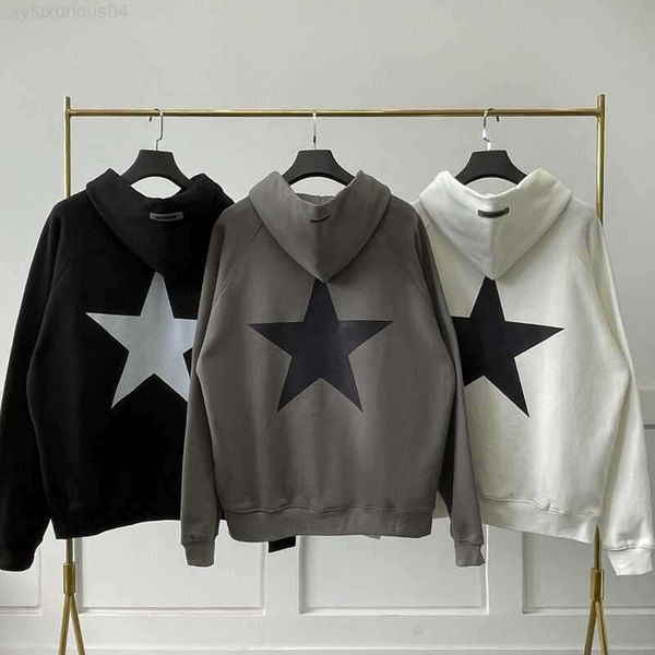 

men's hoodies sweatshirts hoodie high street double line essential five pointed star hooded plush sweater for men and loose versatile c, Black