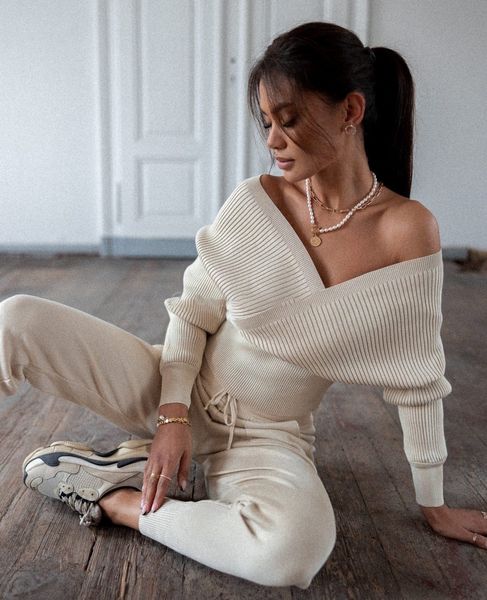 

women's two piece pants men's tracksuits off shoulder long sleeve tracksuit sweater pants suits matching sets casual outfits knitt, White