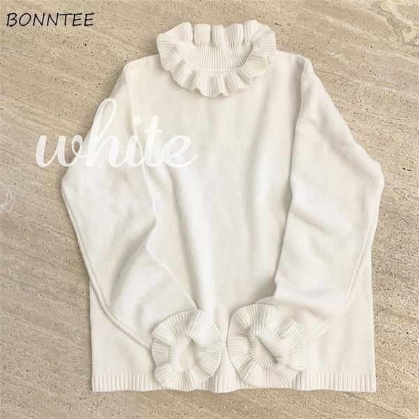 

women's sweaters sweaters women kawaii ruffles design college solid chic girls sweater all-match ulzzang simple soft long sleeve ladies, White;black