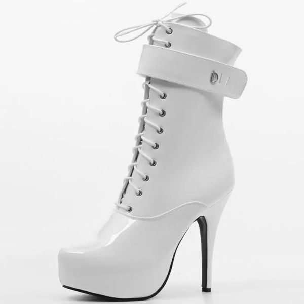 

2023 jialuowei spring single boots lace up 15cm high thin heel 4cm platform ankle short boots ladies women padlocks boots, Black