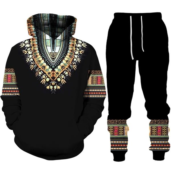 

men's tracksuits african dashiki hoodie/suit men's casual 3d printed ethnic style sweatshirt pants set men/women folk-custom stree, Gray