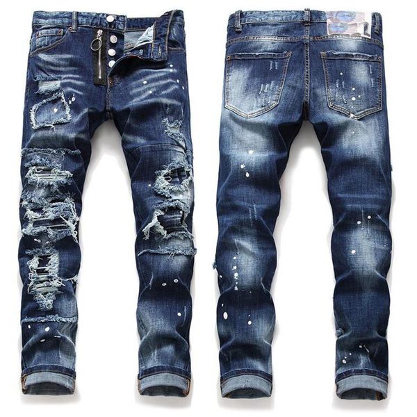 

mens ripped patchwork straight leg jeans men fashion designer slim fit washed zipper panelled motocycle denim pants hip hop trouse272g, Blue